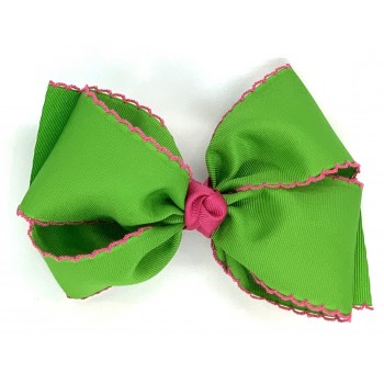 Green (Apple Green) / Shocking Pink Pico Stitch Bow - 6 Inch